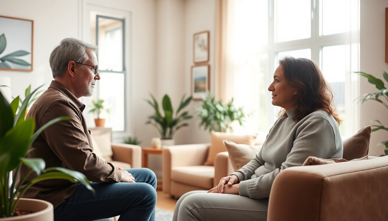 Engagement in addiction therapy session, depicting a therapist listening to a patient in a serene environment.