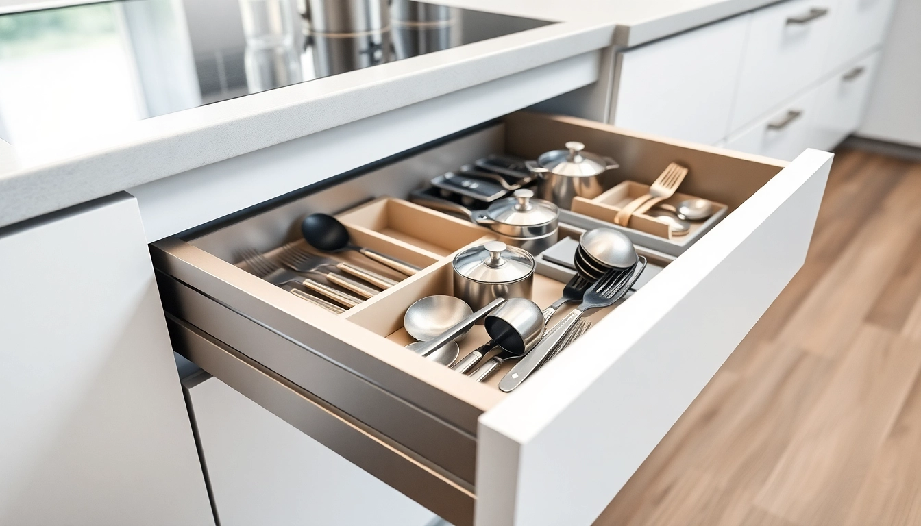 Organized kitchen drawer with a double wall drawer system featuring efficient metallic finishes.