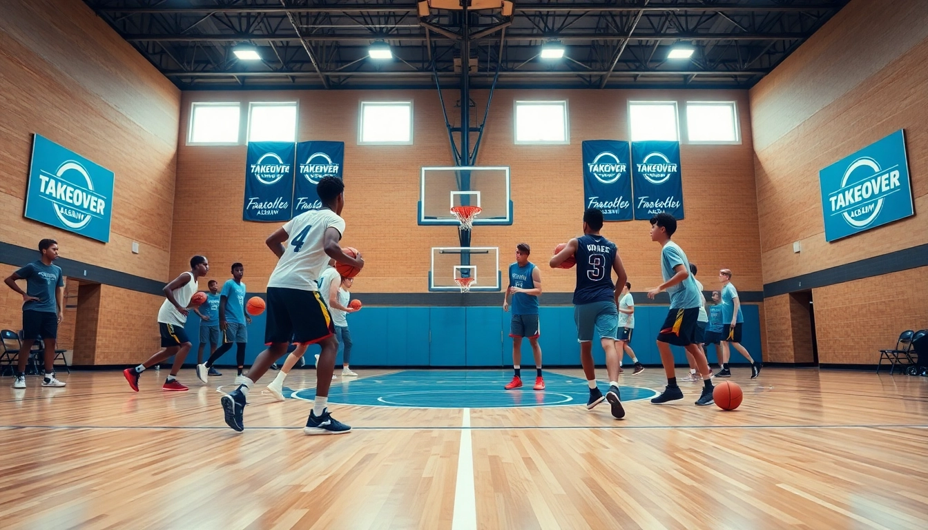 Engaging scene at Takeover Basketball Academy with young athletes practicing skills and teamwork.