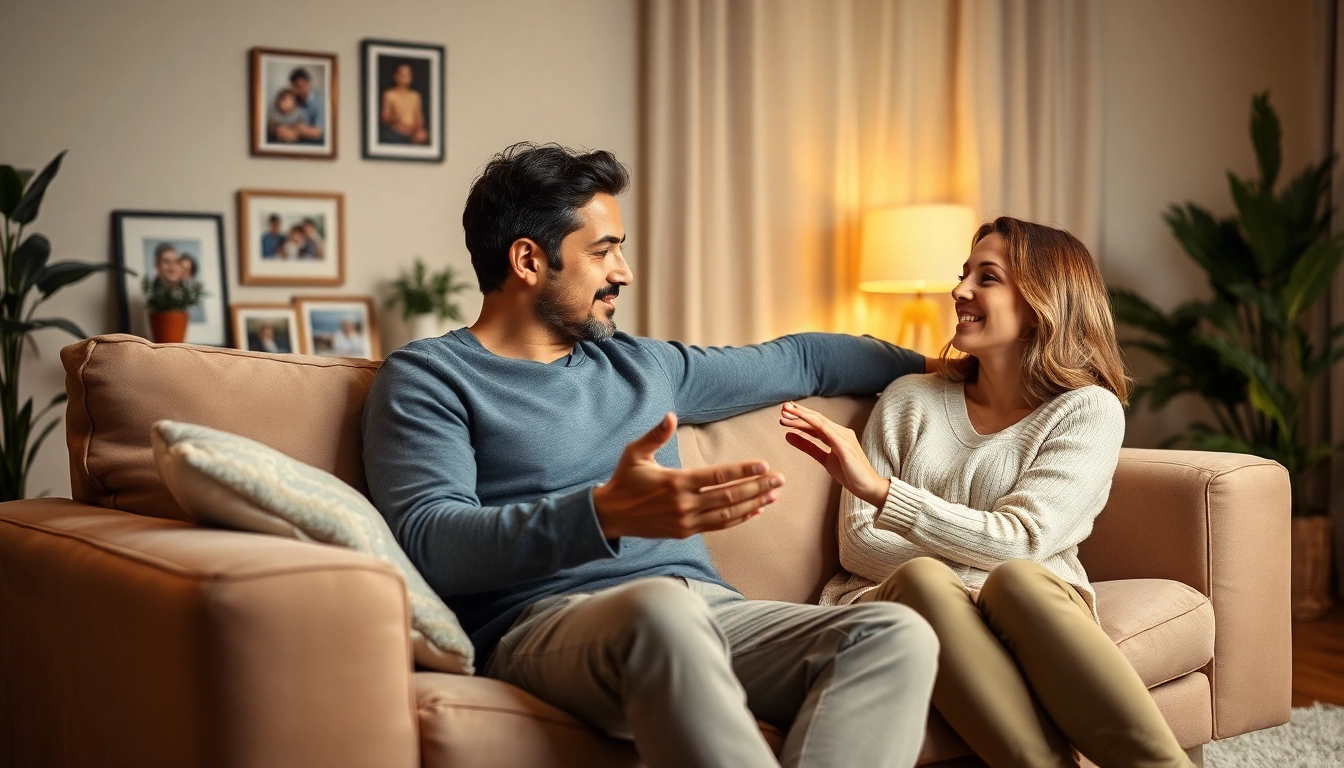 Engaging communication in relationships between a couple in a cozy living room setting.