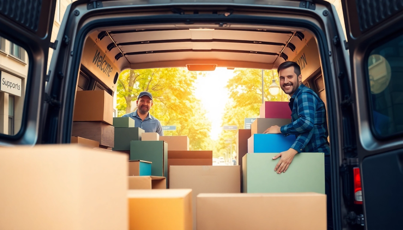 Man and van Moving team efficiently loading a truck in a sunny city setting.