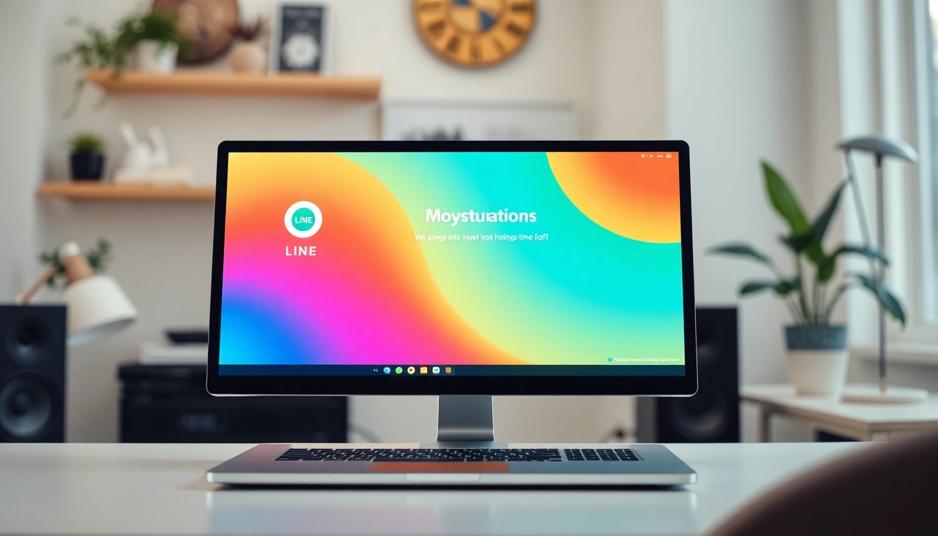 Download the 電腦版line下載 app interface on a laptop in a bright workspace.