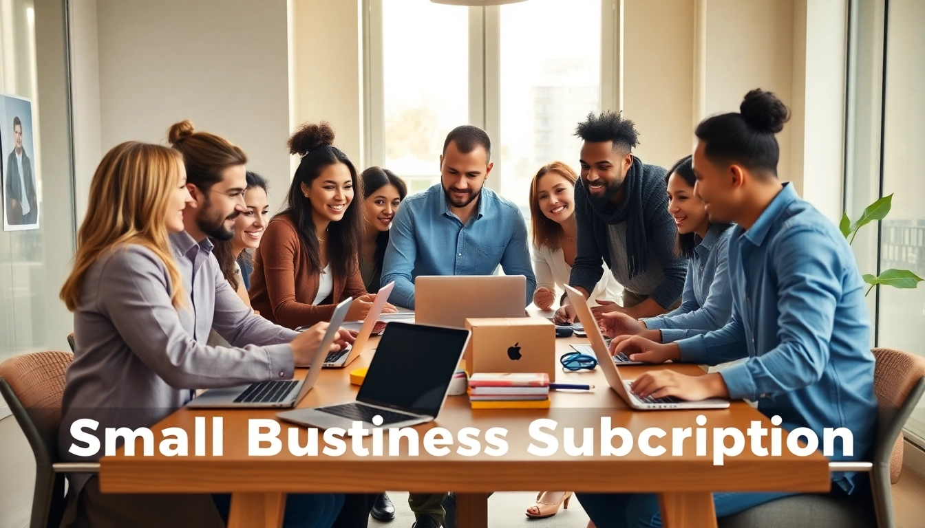 Engaged discussion among small business owners around subscription boxes emphasizing a Small Business Subscription.