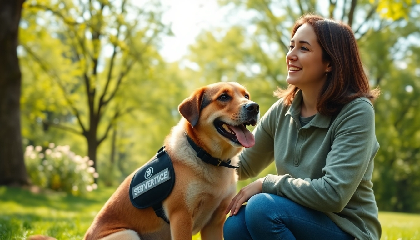 Psychiatric service dogs providing support to their handlers in a peaceful park.