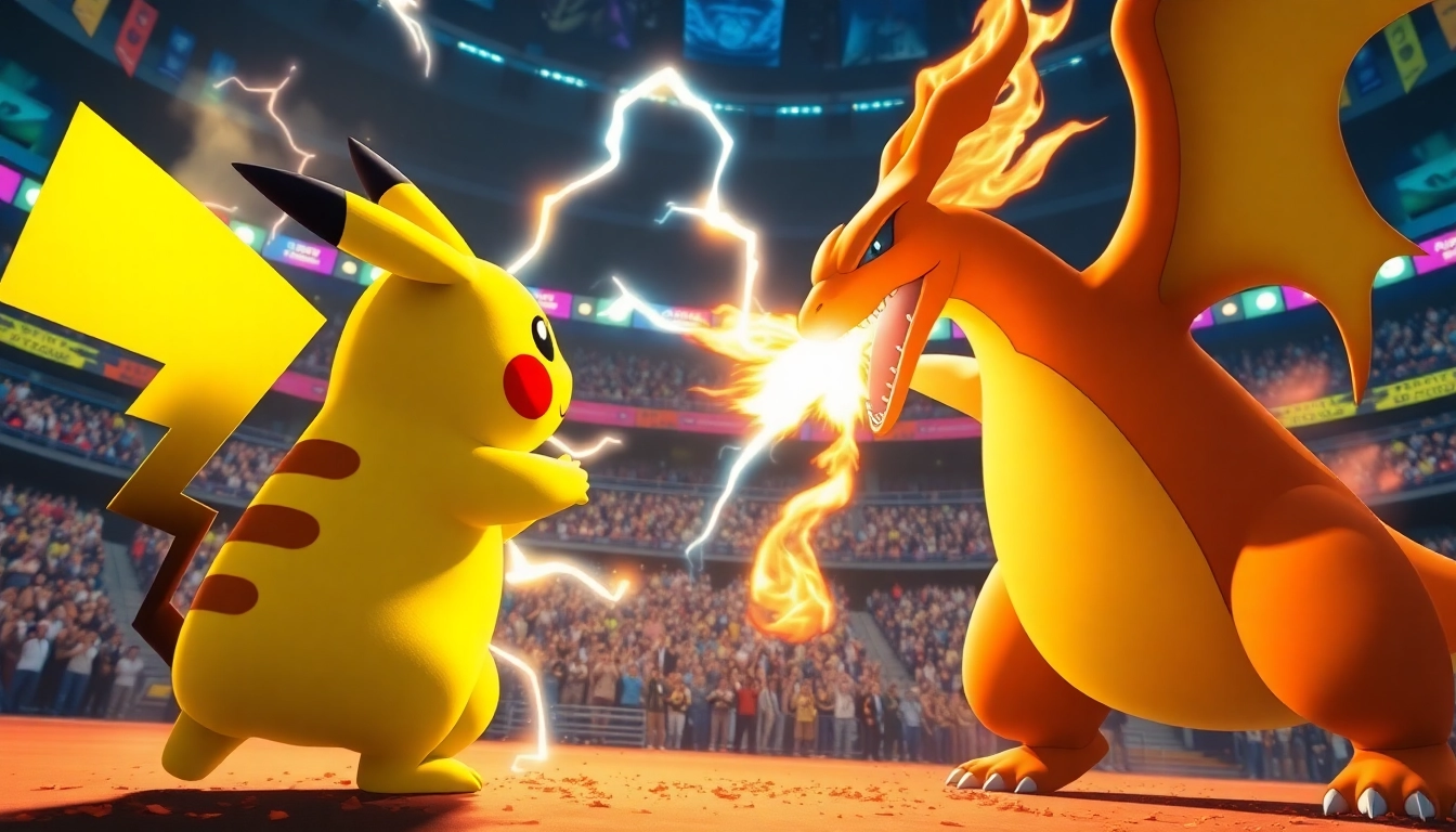 Pikachu battles Charizard in an epic Pokemon showdown, showcasing vibrant colors and dramatic action.