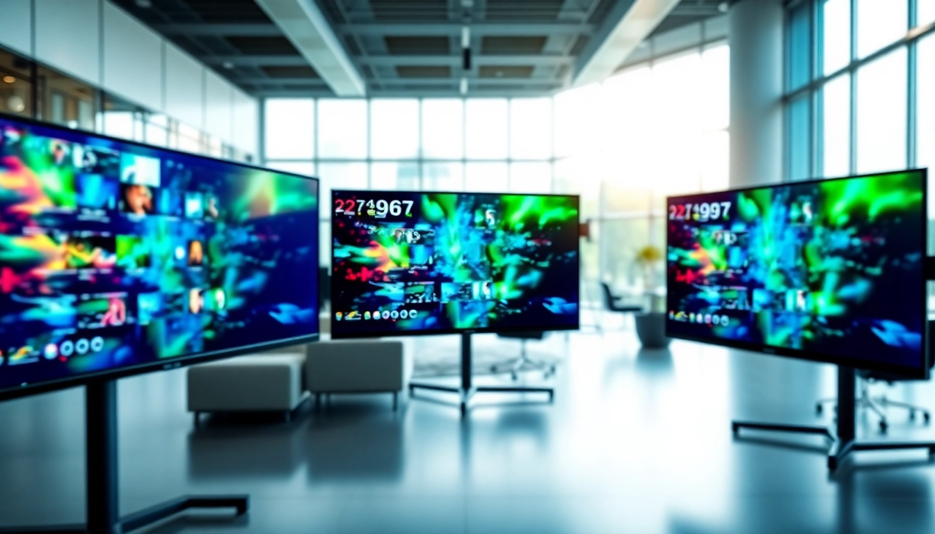 Showcasing Multi-screen digital signage management in a modern office with vibrant displays.