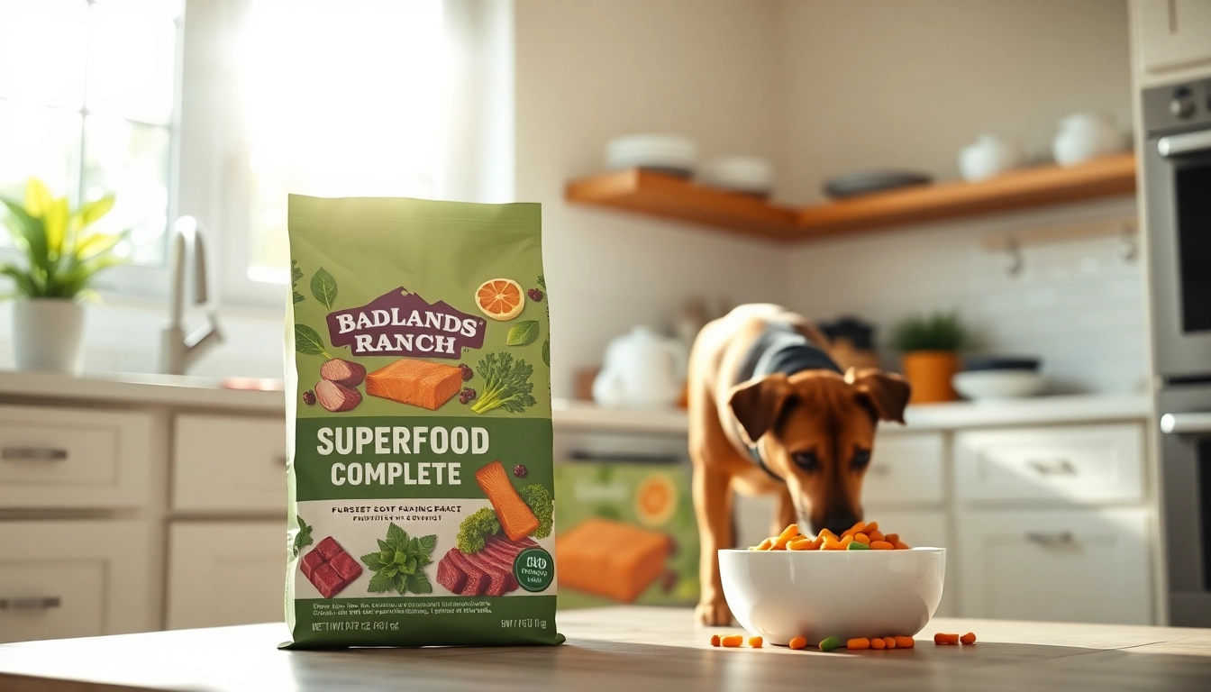 Showcasing Badlands Ranch Superfood Complete dog food in a vibrant kitchen with fresh ingredients.