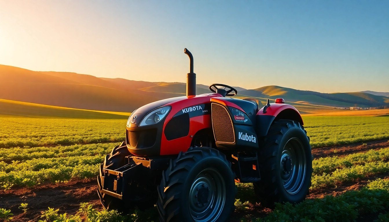 Kuboata Traktor in einer malerischen Landschaft mit grünen Feldern und strahlendem Himmel.