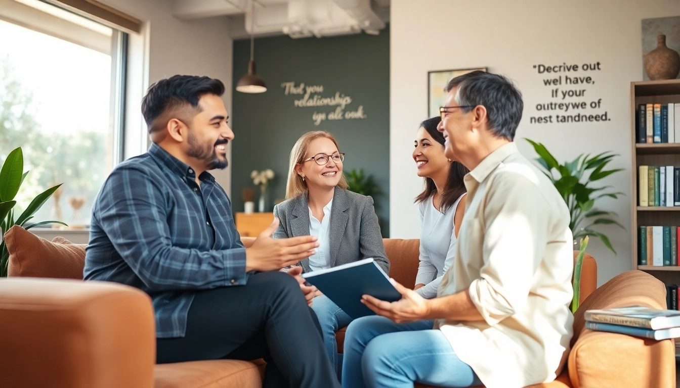 Empowering relationship coach guiding a couple in a cozy office setting.