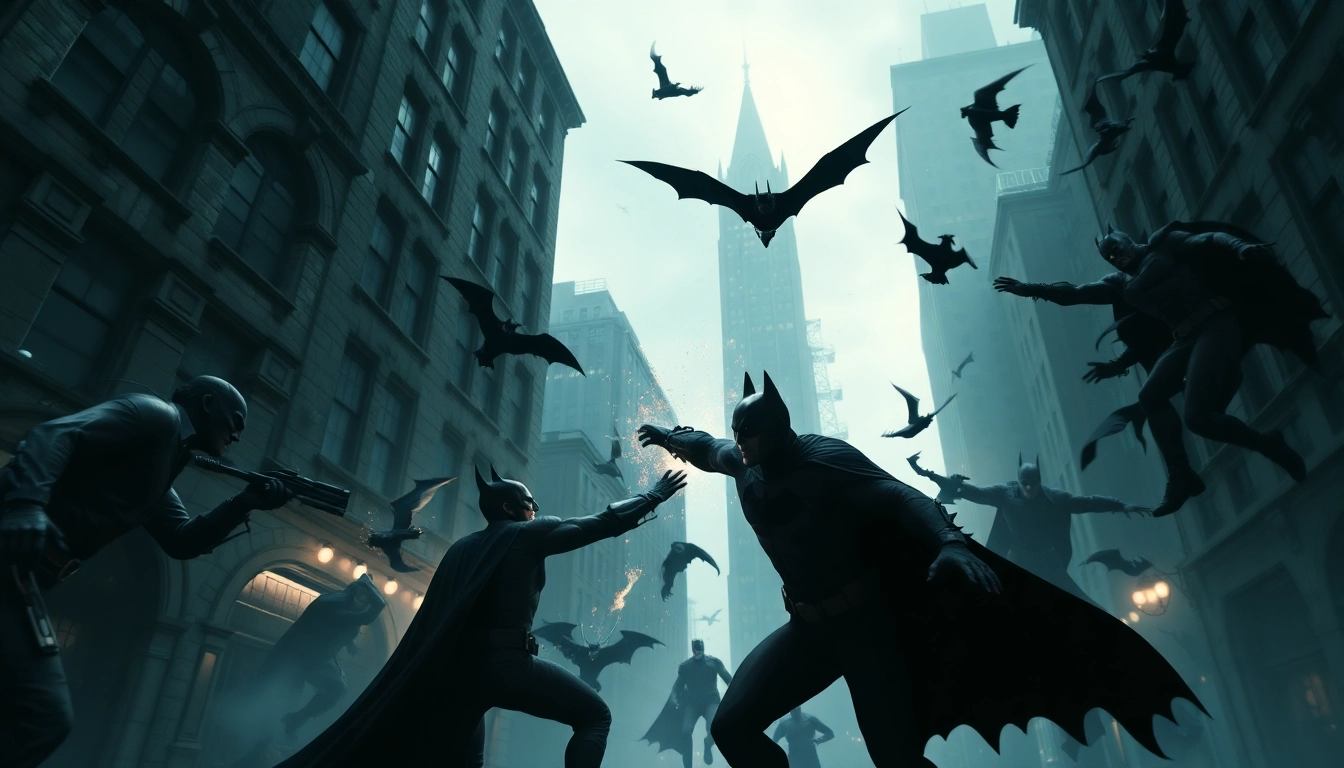Melihat aksi pertarungan karakter utama dari game batman138 di latar belakang kota Gotham.