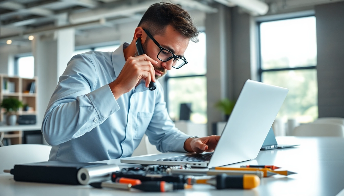 Expert in computer services fixing a laptop in a modern workspace.