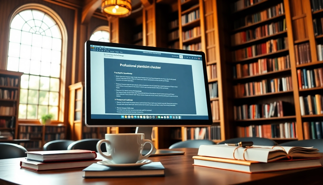 Analyze text using a plagiarism checker tool displayed on a computer screen in a library.