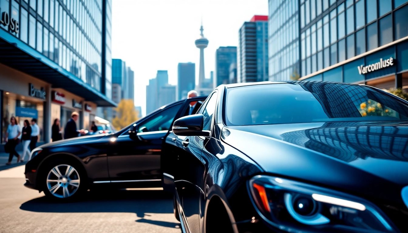 Vancouver car service showcasing a professional chauffeur and a sleek black limousine in the city center.