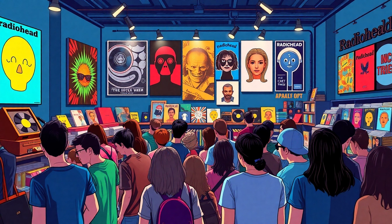 Fans exploring exciting Radiohead merch at a lively pop-up shop with colorful products.