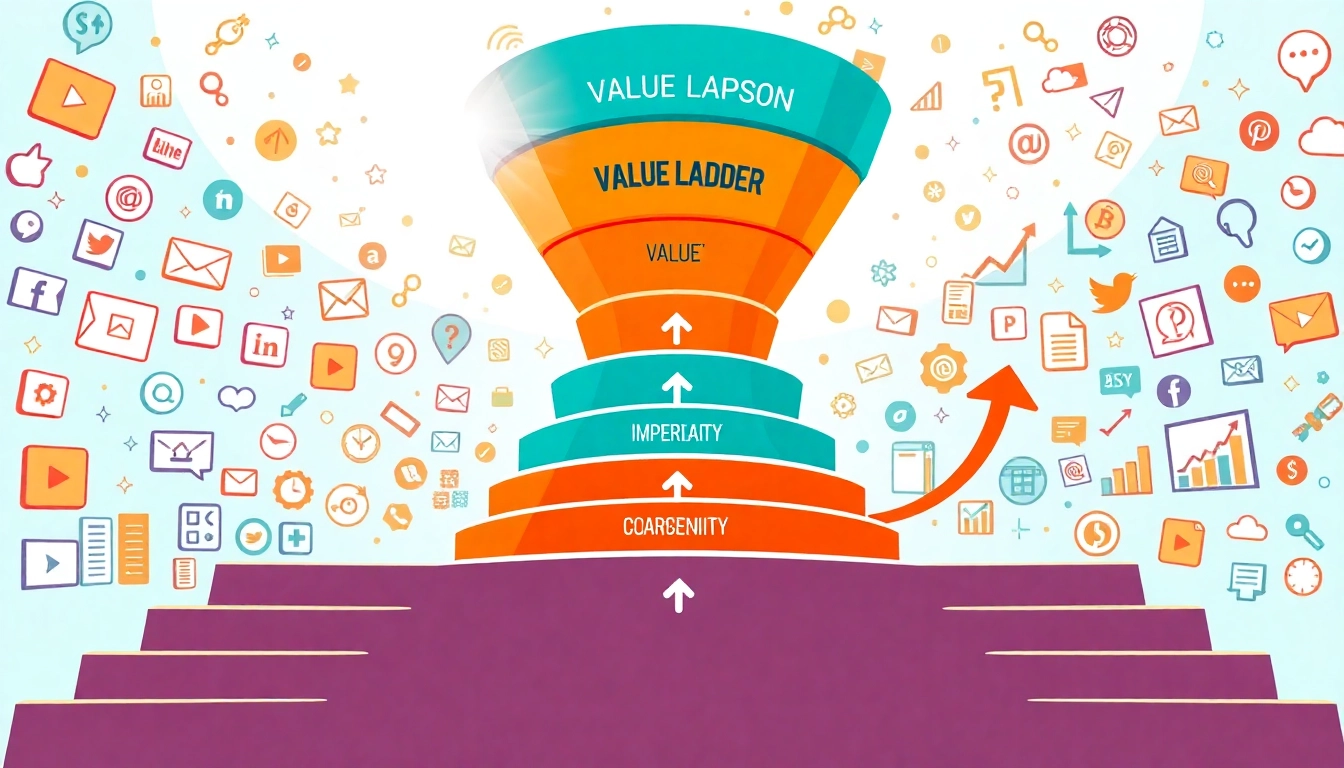 Illustration demonstrating a marketing strategy using Russell Brunson’s value ladder with dynamic steps and energetic elements.