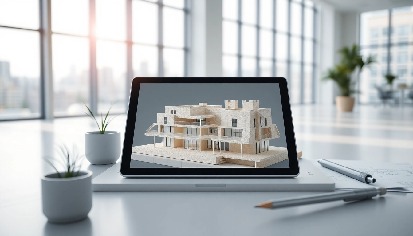 3D visualisierung eines Architekturmodells in einem modernen Büro mit natürlichem Licht.