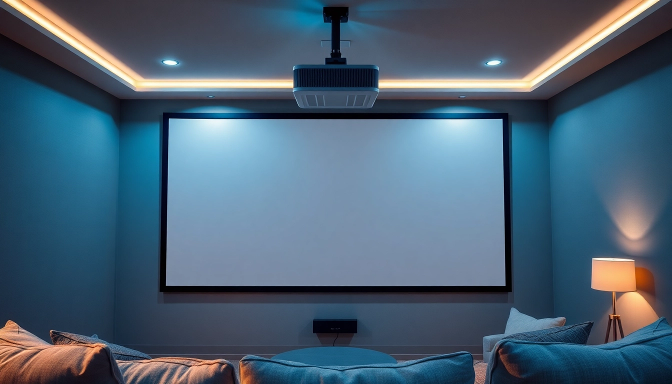 Enhance your viewing experience with a Fixed Frame Projection Screen in a chic home theater setup.