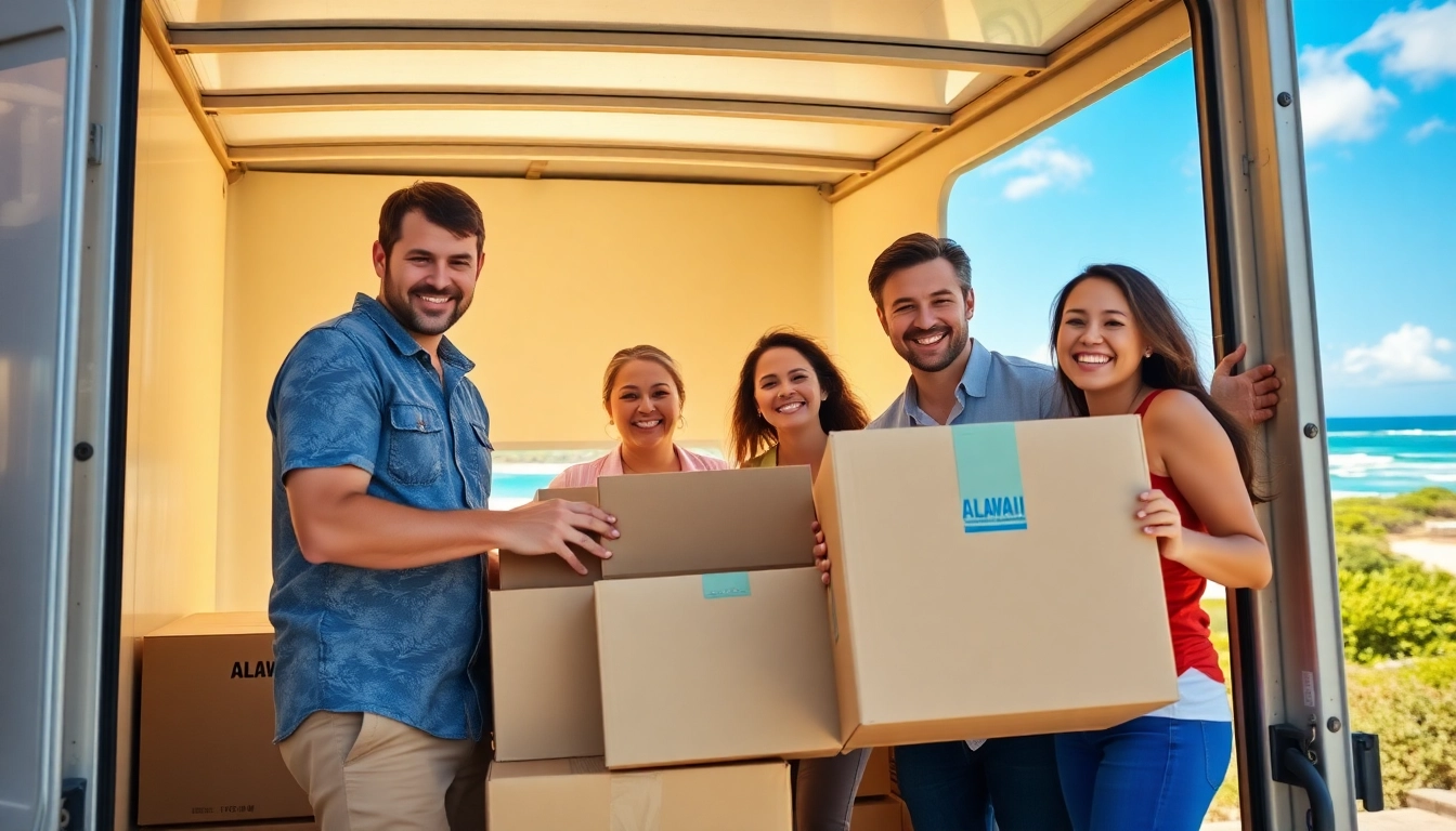Moving from Alaska to Hawaii with a happy family packing their belongings for the journey.