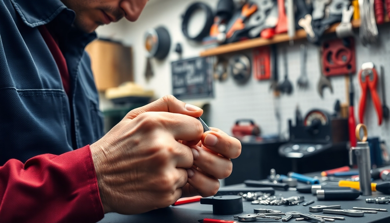 Skilled locksmith creating replacement car keys in a bright workshop, showcasing precision and expertise.