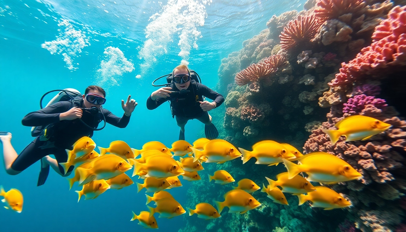 PADI Certified dive shops in Belize showcase divers exploring vibrant coral reefs amidst colorful marine life.