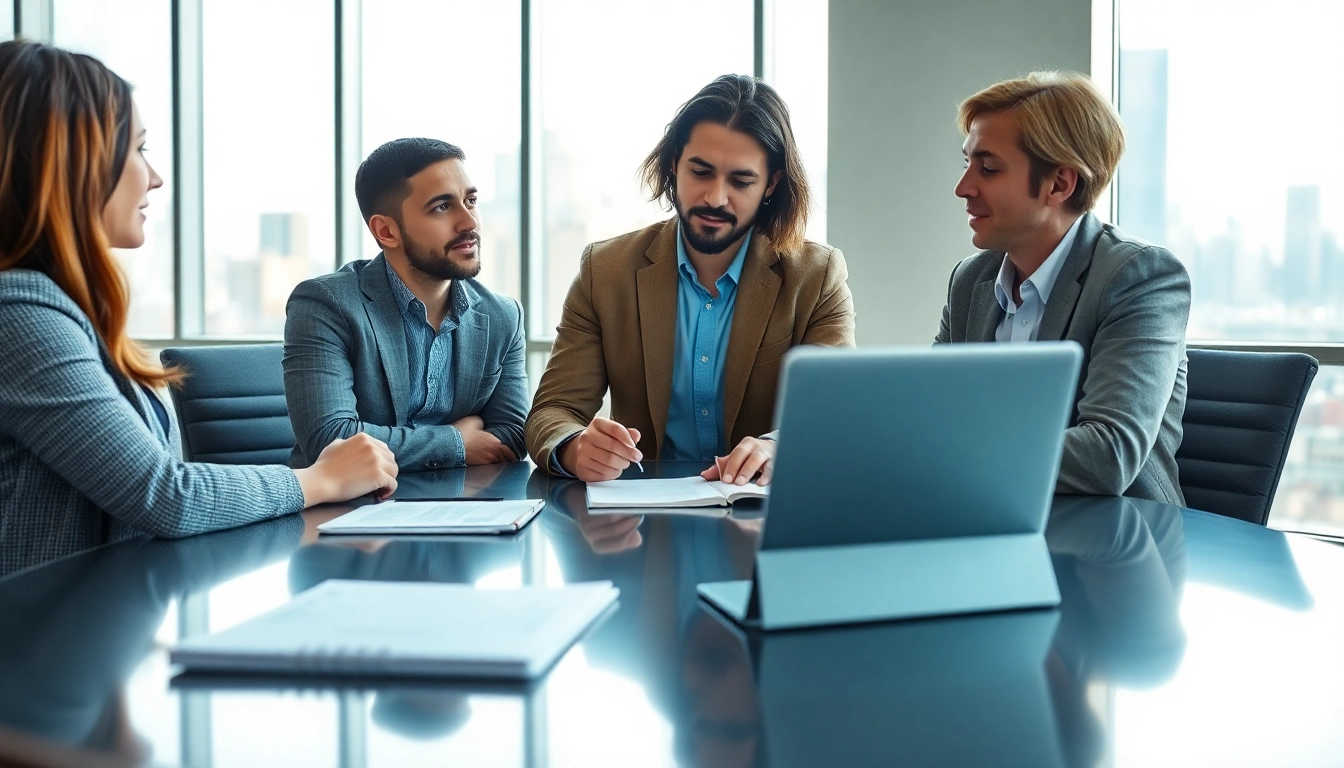 B2B buyer discussing strategies with a team in a modern office environment.
