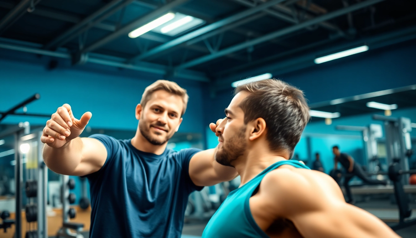 Find a personal trainer working closely with a client in an energizing gym environment.