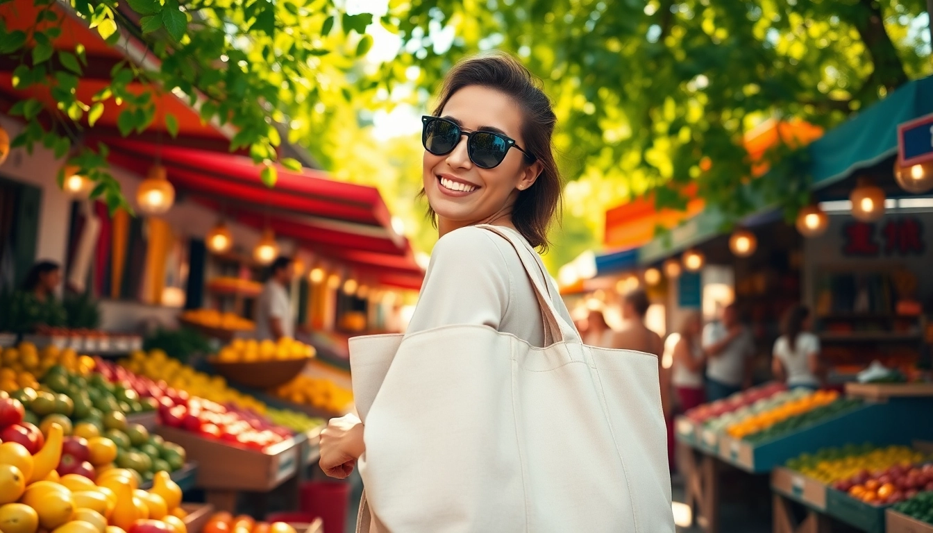 Enjoying summer travel with a stylish air convert tote at a vibrant outdoor market.