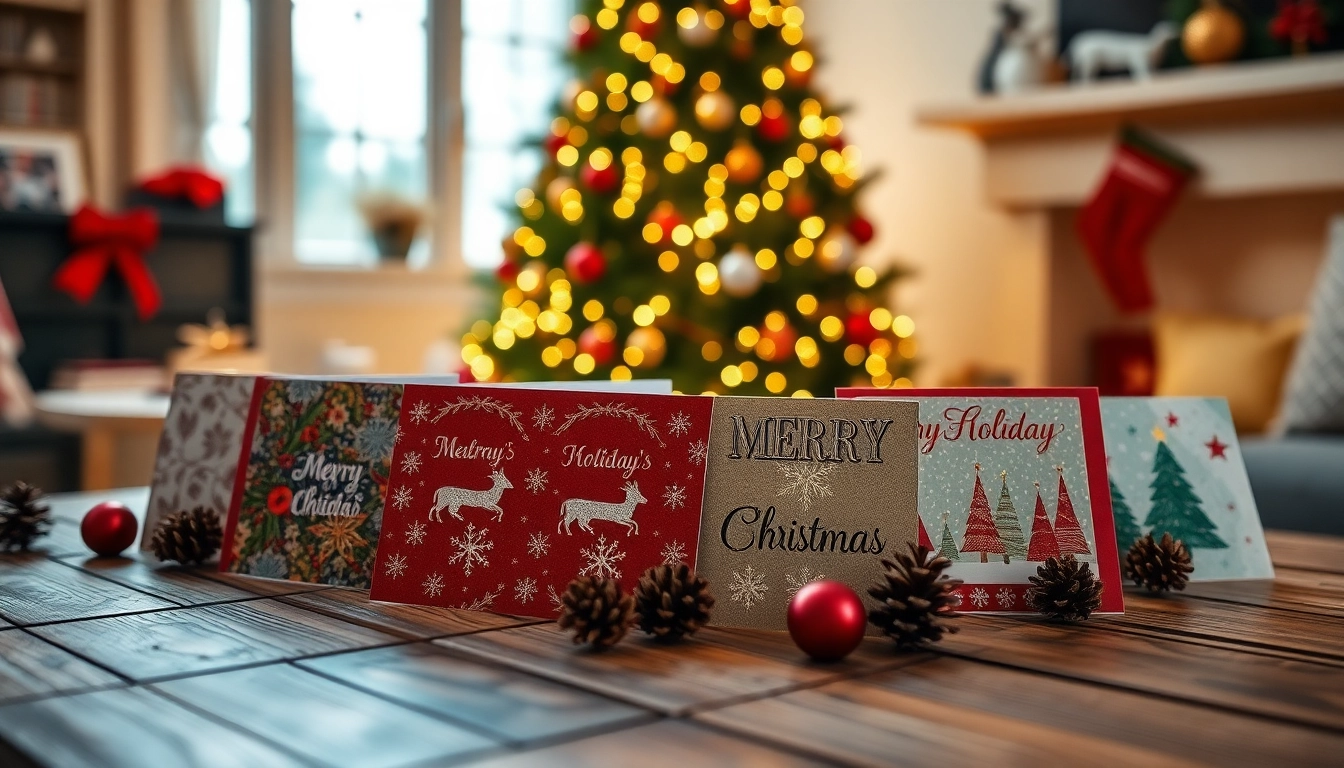 Discover beautiful holiday cards London designed with festive themes on a rustic table.