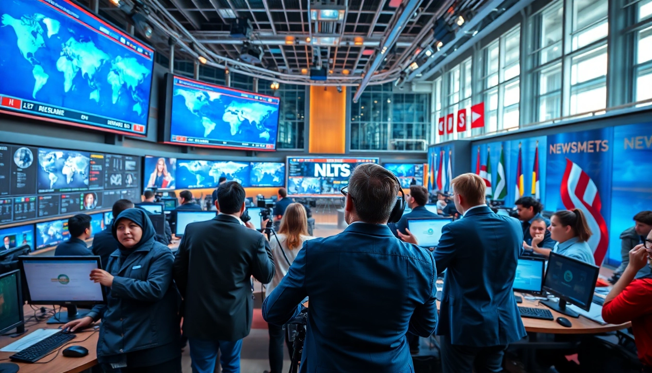 Reporters discussing world news updates in a dynamic newsroom environment, fostering collaboration and urgency.
