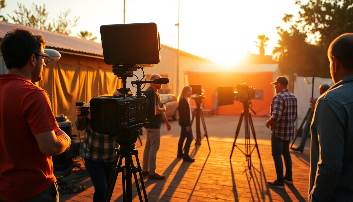 Capturing a vibrant scene of 영상제작 with a film crew preparing for a shoot at golden hour.