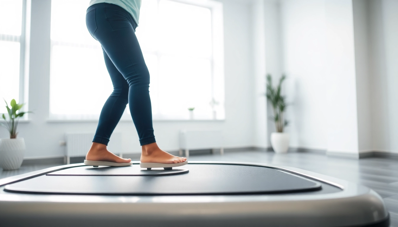 Experience whole body vibration therapy with a focused user on a vibrating platform in a wellness center.