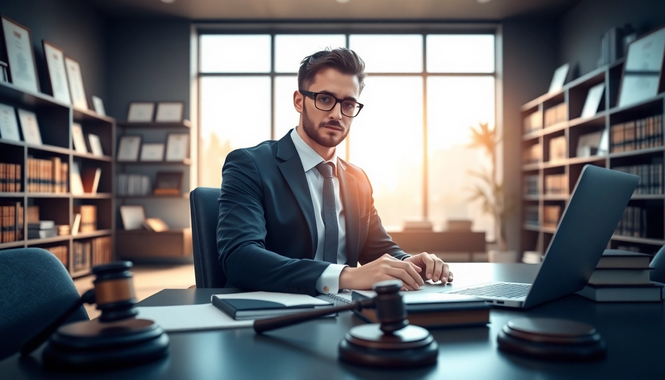 Intellectual property lawyer consulting at a modern desk, showcasing expertise and professionalism.