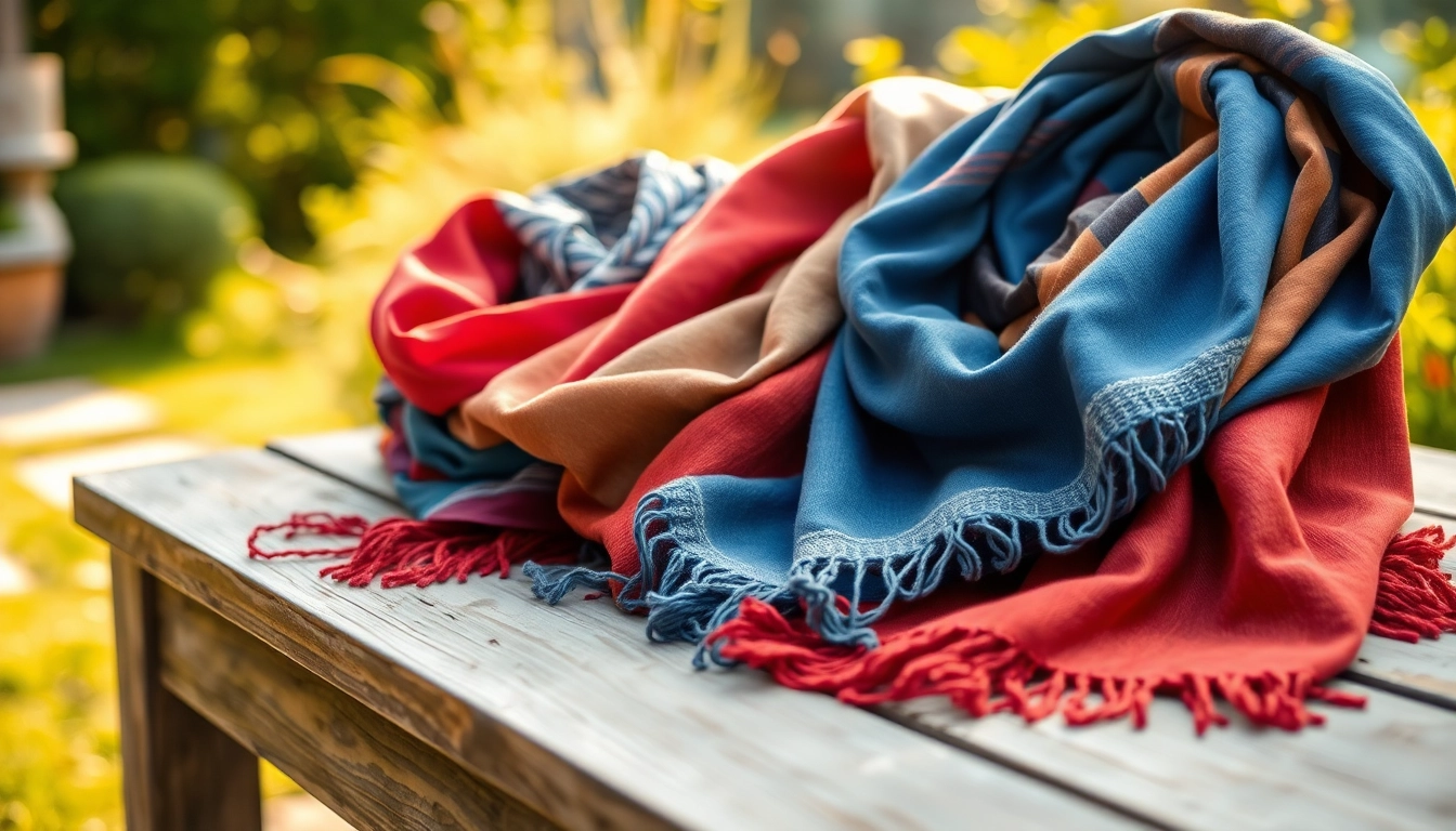 Stylish scarves for women artfully displayed on a rustic table.