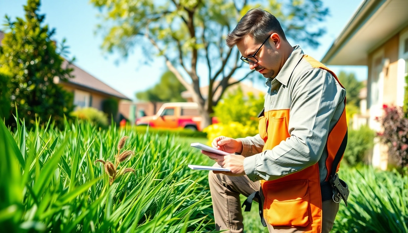 Pest management technician inspecting a residential yard with tools for effective pest control.