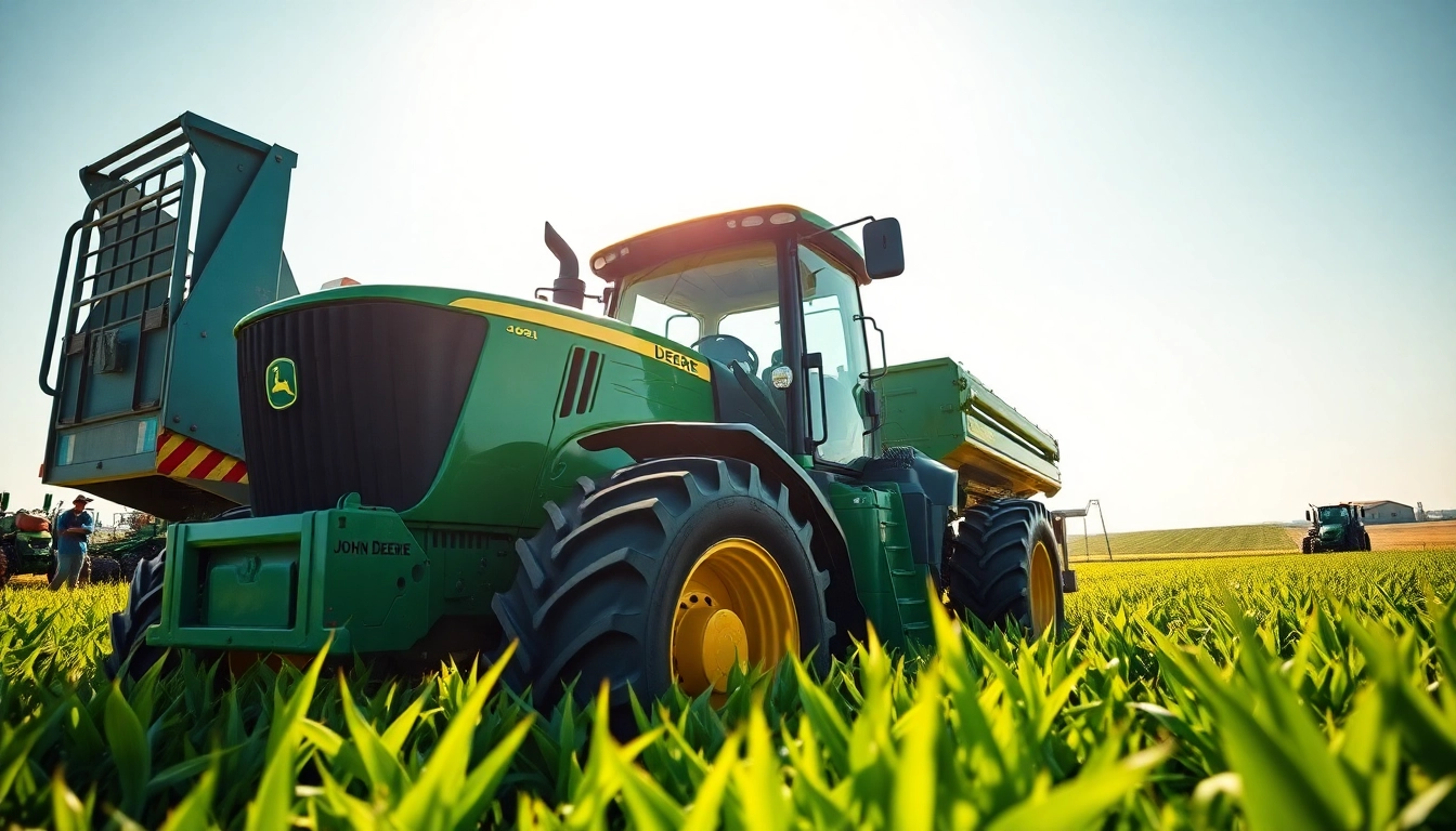 John Deere Traktor bei der Arbeit in einem grünen Feld mit fruchtbarem Boden.