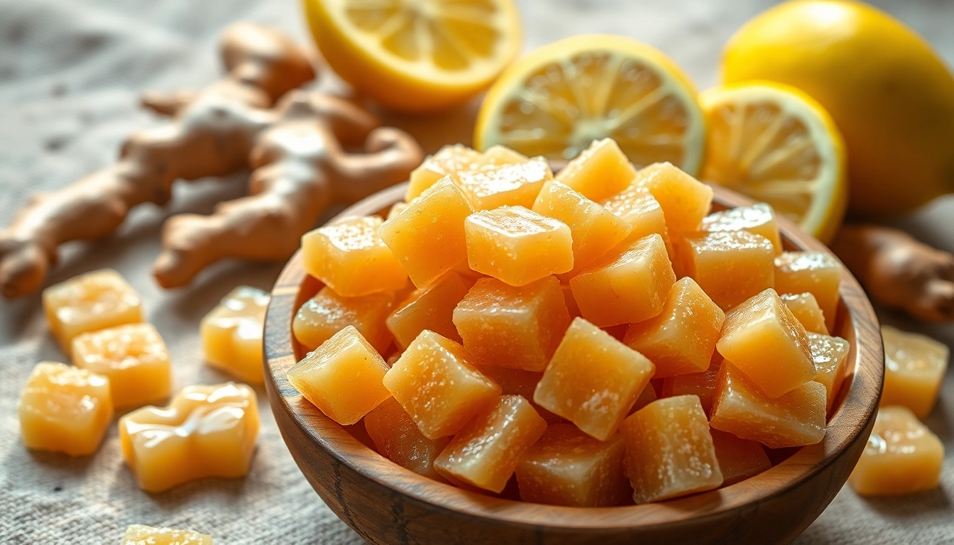 Savor Ginger Candy for Nausea chews in a rustic bowl surrounded by fresh ginger roots and lemon slices.