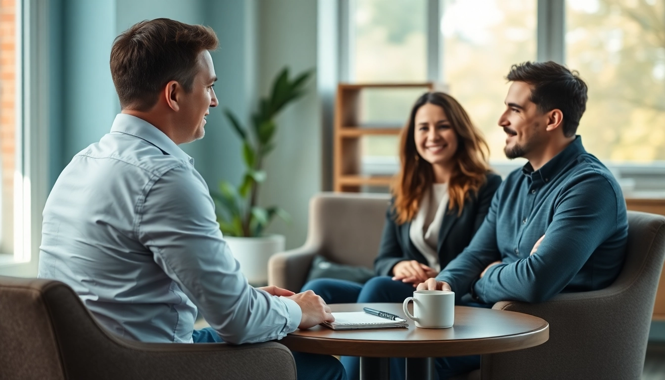 Engaged relationship coach facilitating a session with a couple in a warm, inviting office.