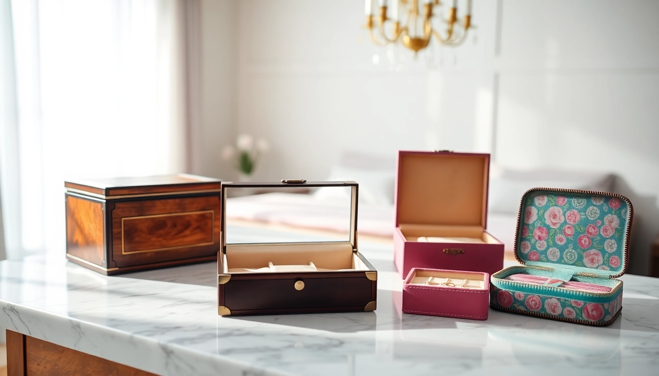 Display of various elegant jewelry boxes emphasizing their unique styles and textures.