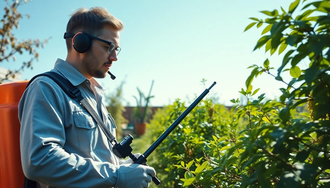 Pest management expert conducting an inspection in a garden to ensure healthy plants.