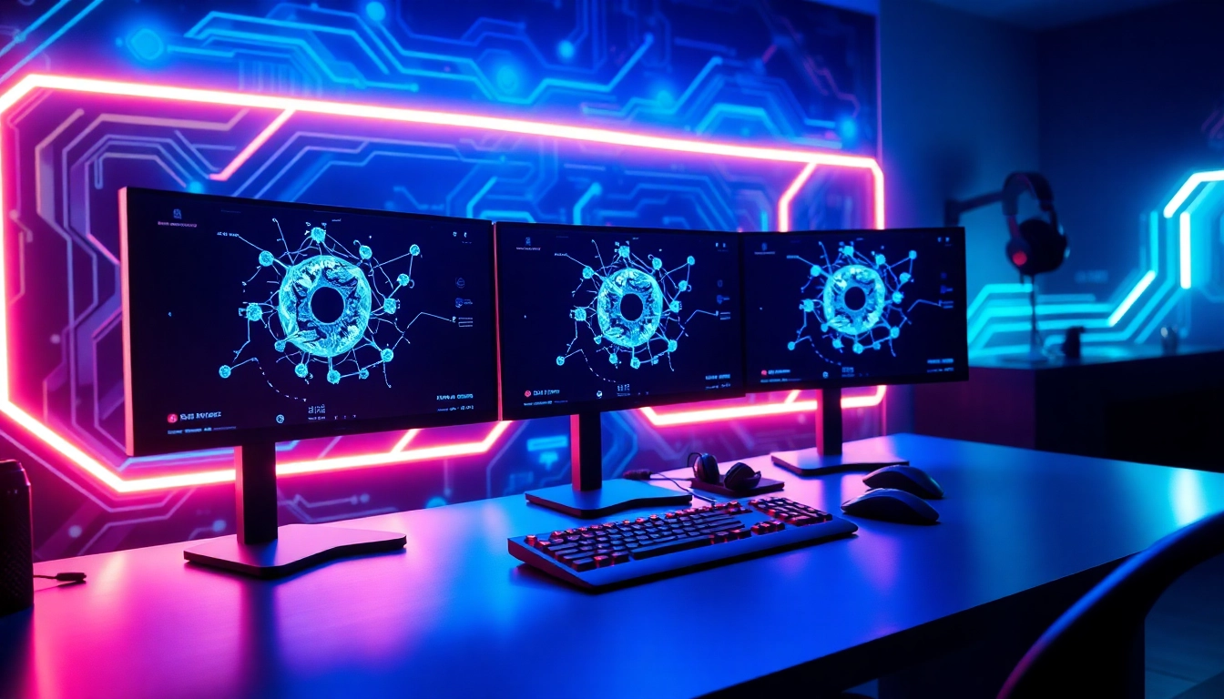 Mastering dma cheats in a vibrant gaming setup featuring multiple monitors and dynamic lighting.