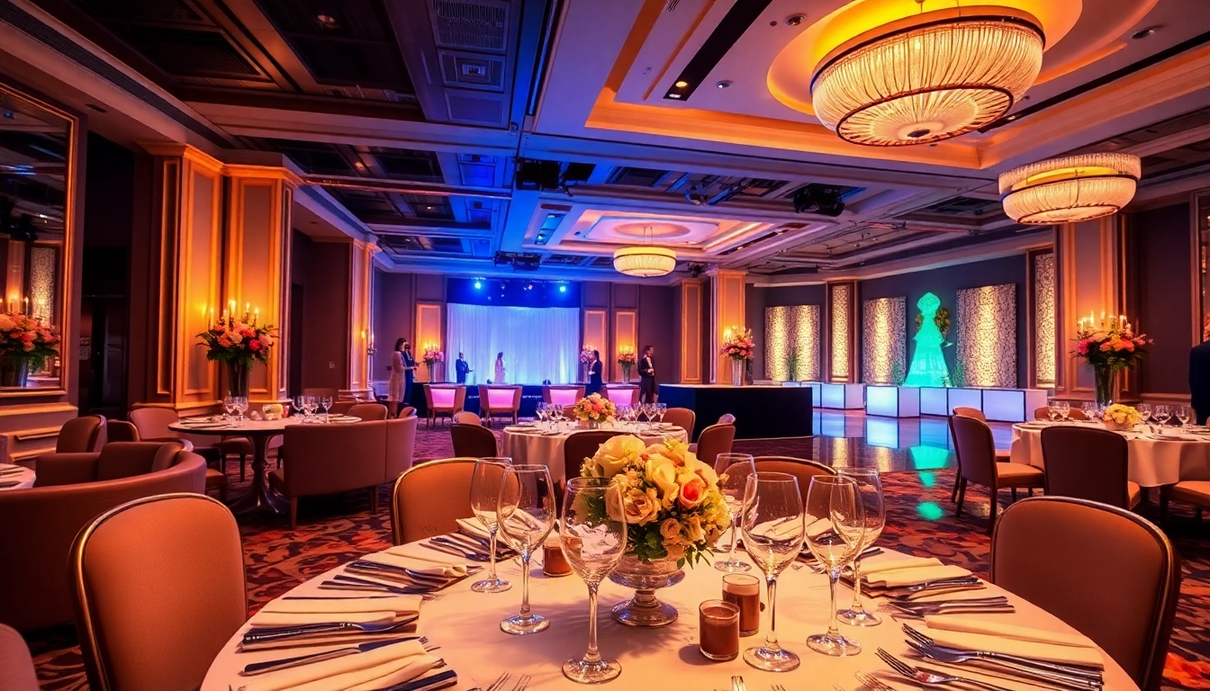 Stunning setup of the city venue event center with elegant decorations and lighting for events.
