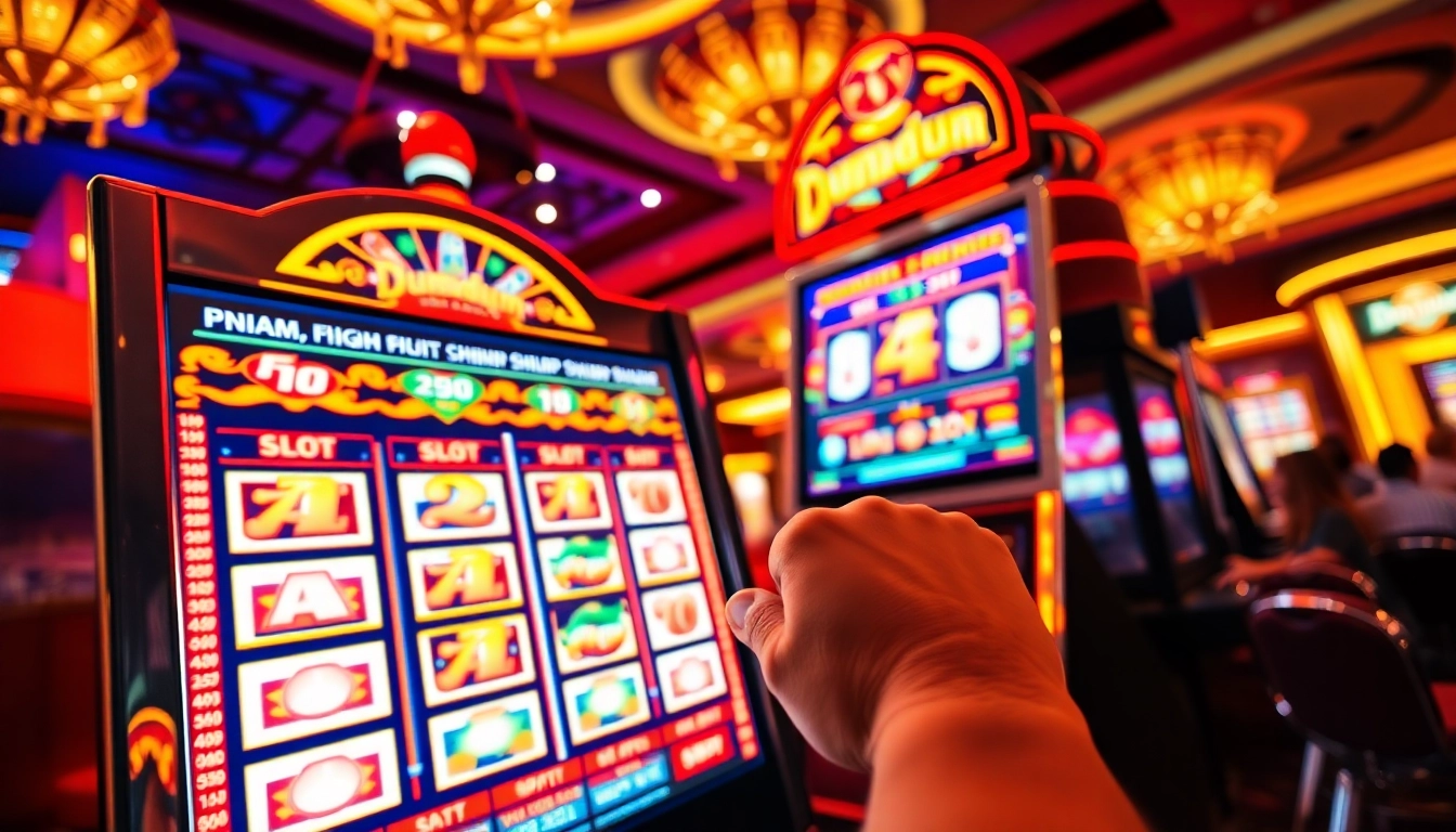 Game on Dumdum 4D slot dengan mesin slot penuh warna dan suasana kasino yang meriah.