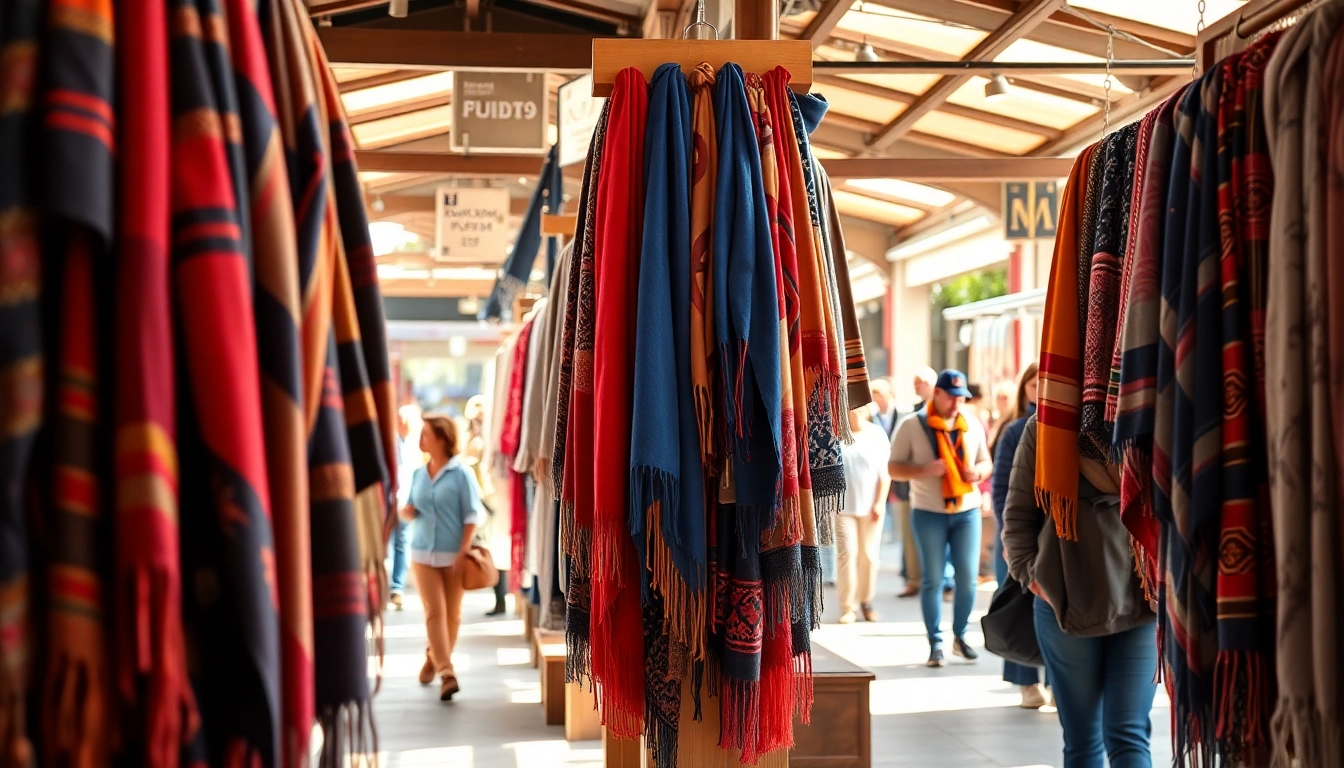 Find unique scarves near me displayed at a vibrant marketplace, inviting shoppers with colors and patterns.