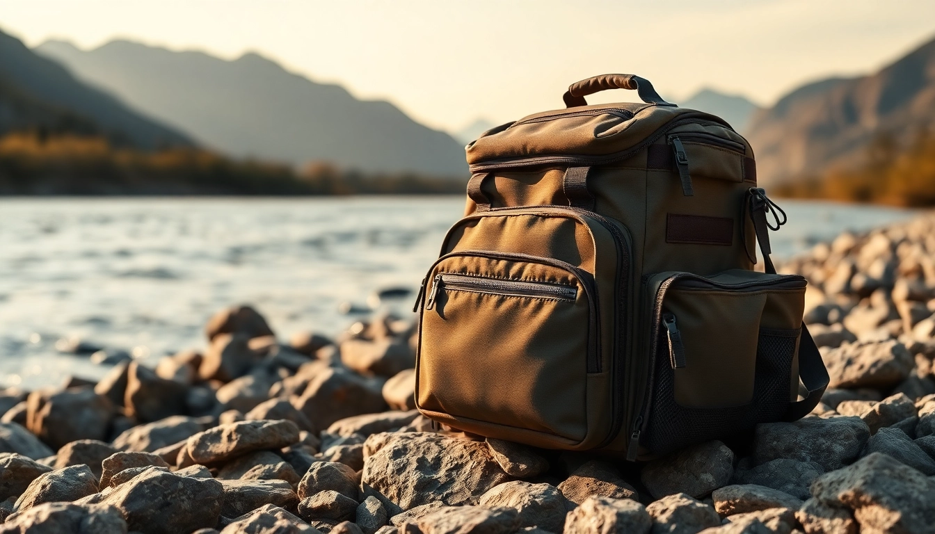 Fly fishing bag displayed on a rocky riverside, showcasing its features and outdoor appeal.