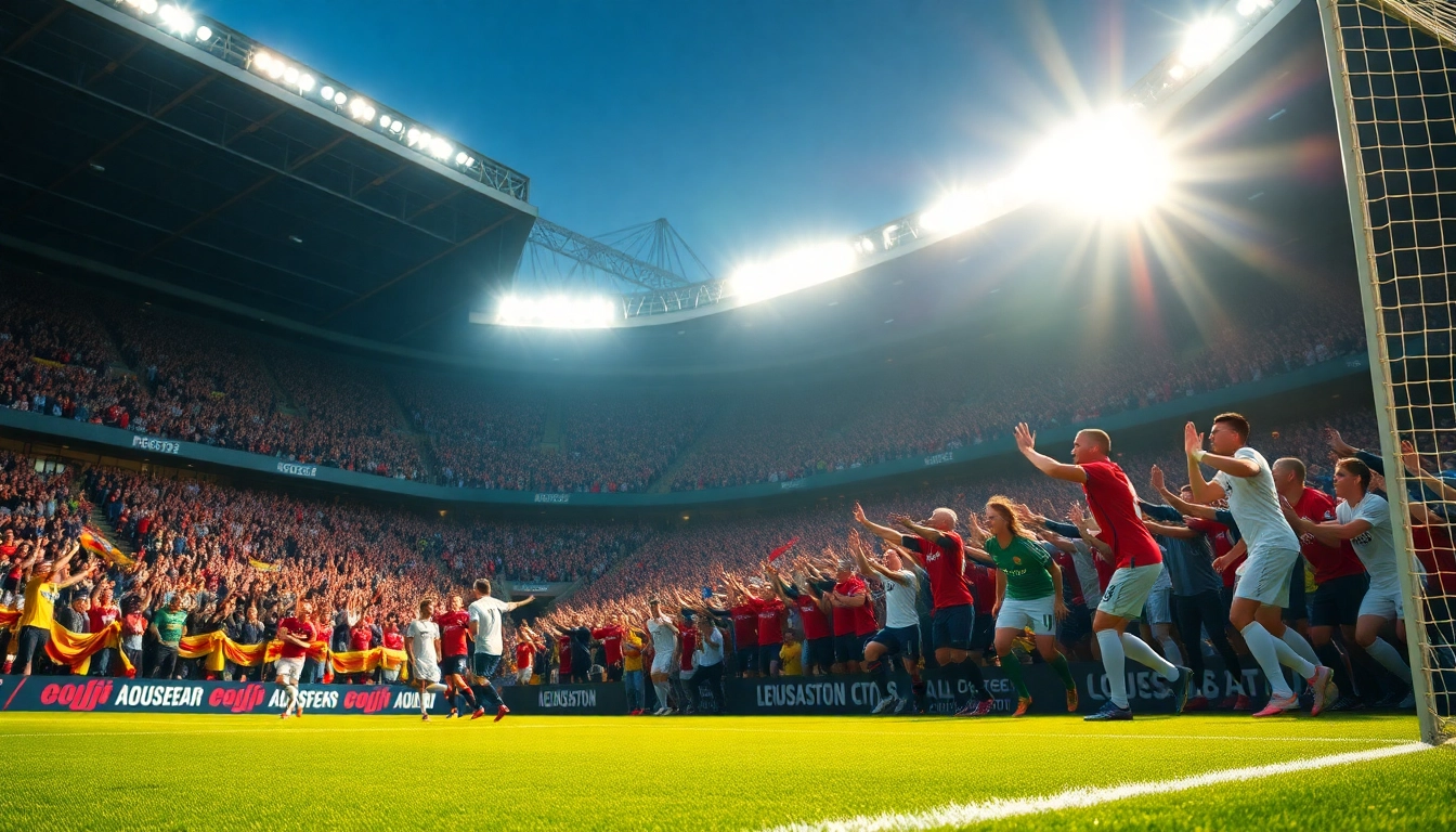 Cheering fans celebrate a match score during an exciting soccer goal moment.