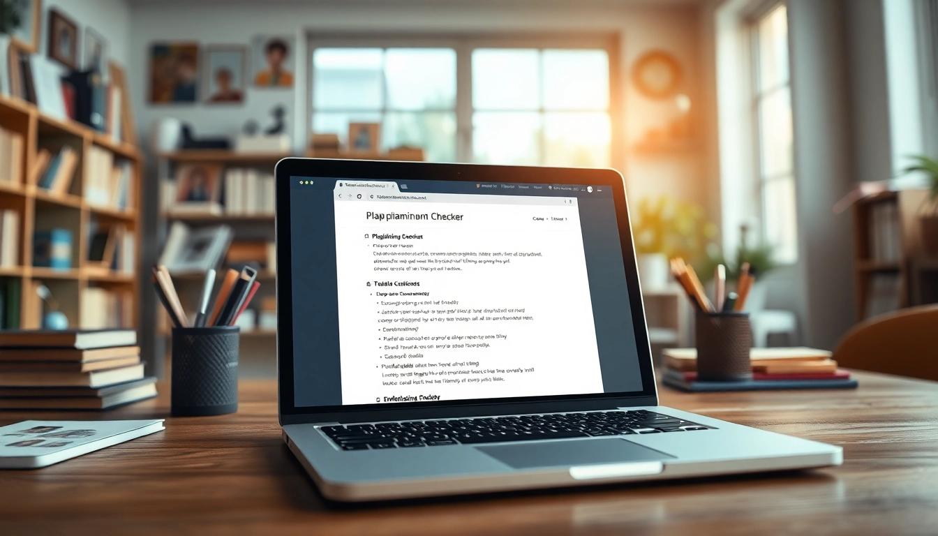 Engaging plagiarism checker interface displayed on a laptop showcasing document analysis results.