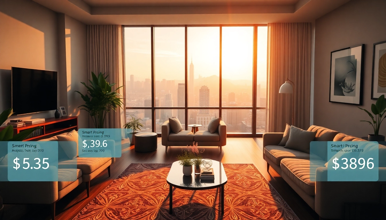 Showcase smart Airbnb pricing in an elegant living room setting, emphasizing pricing strategy.