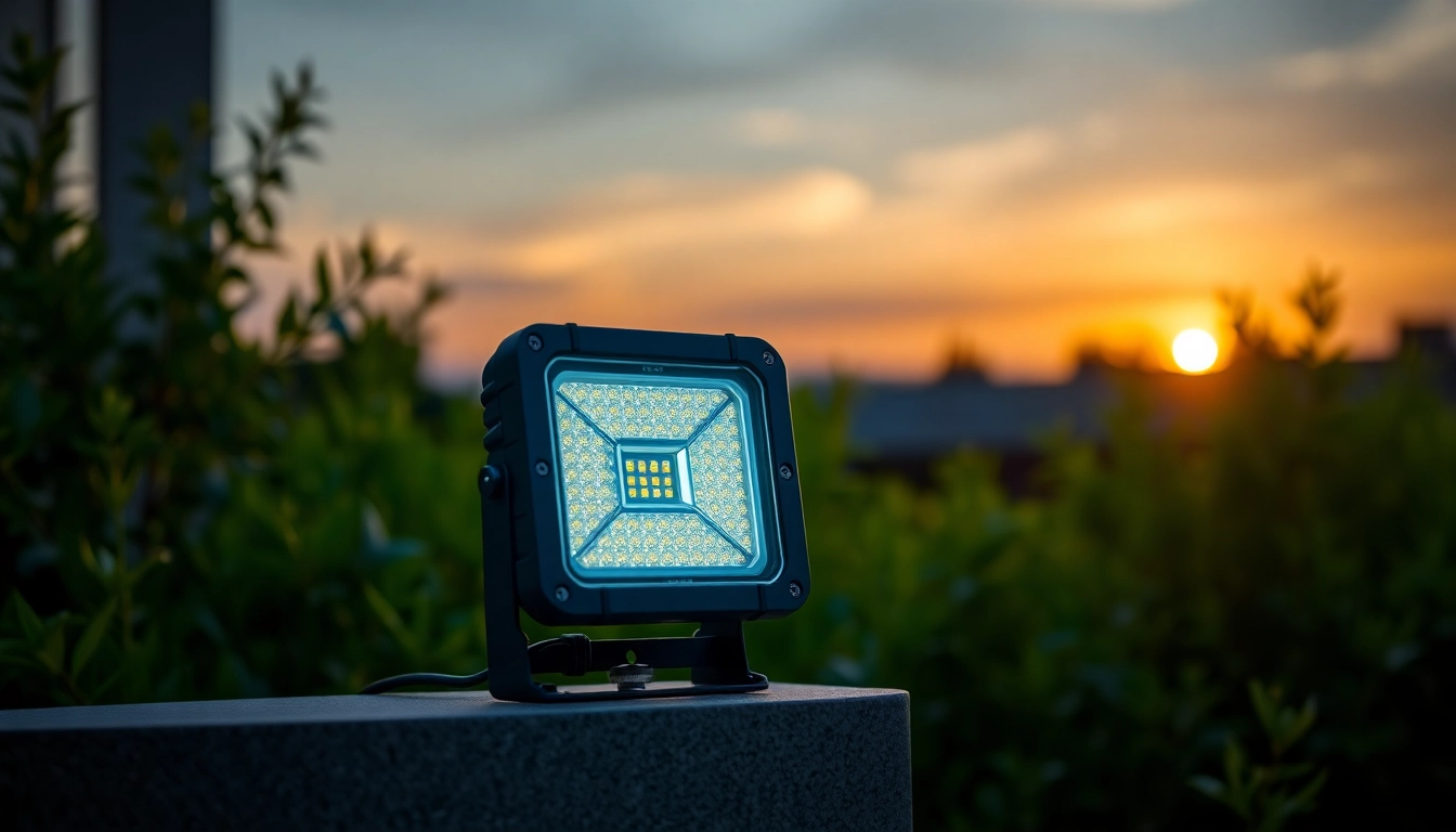 Illuminating LED waterproof light enhancing outdoor ambiance during twilight.