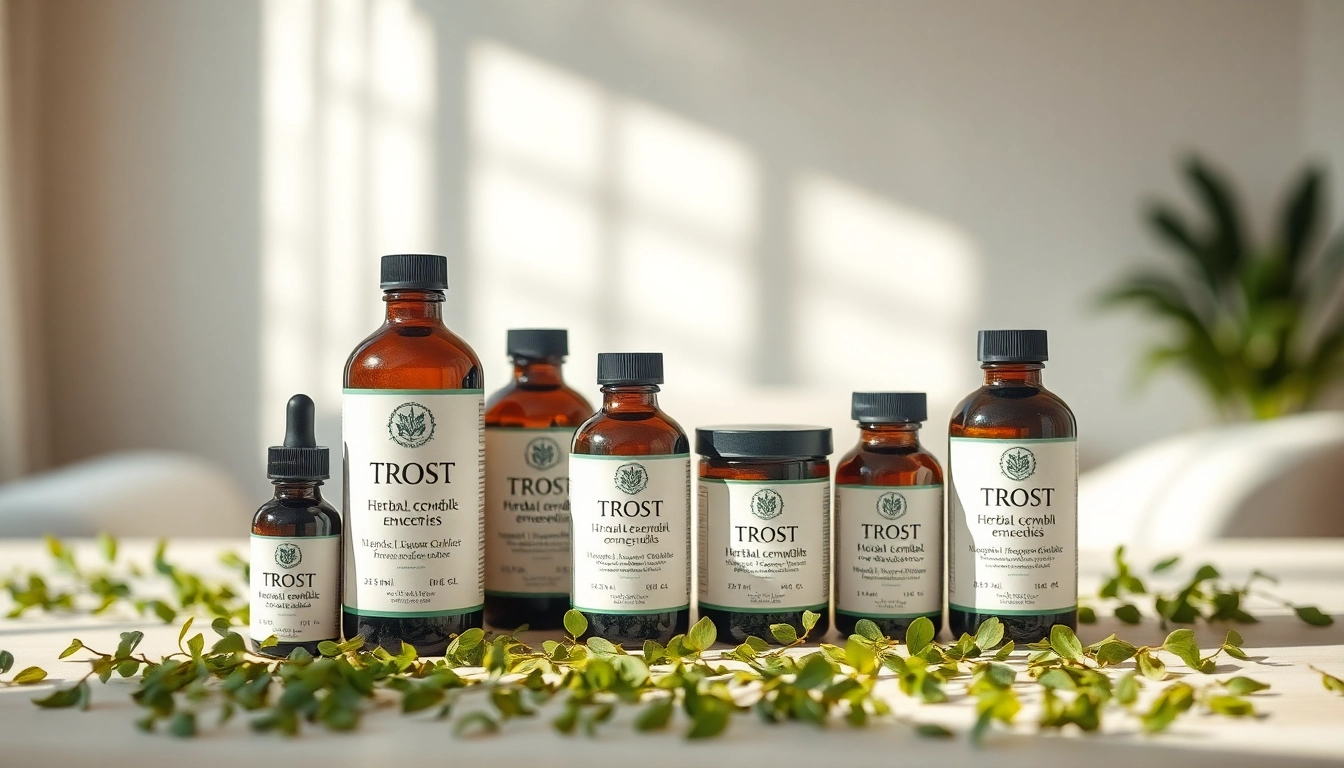 Trost herbal remedies showcased elegantly with fresh green accents, enhancing natural wellness.