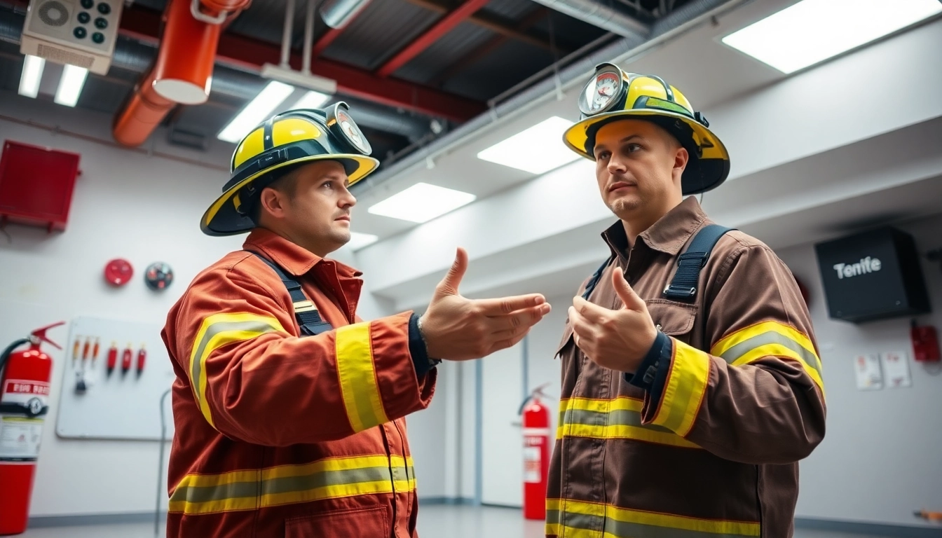 Fire safety demonstration by a firefighter showcasing techniques and equipment in a training facility.